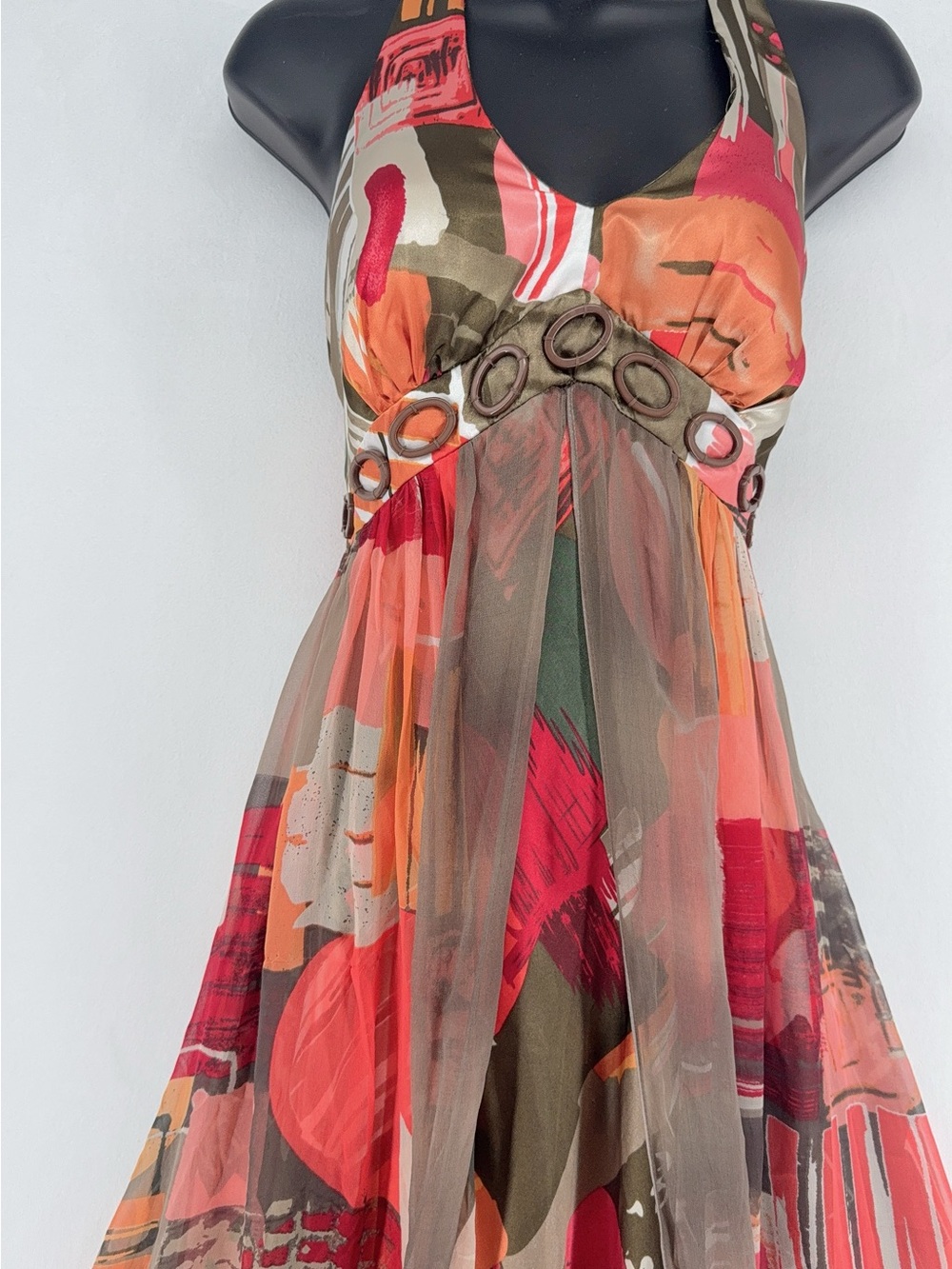 Y2K Robbie Bee 100% Silk Patchwork Halter Dress 6 - Picture 2 of 8